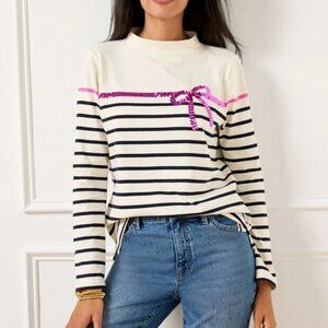 Talbots Petite Sequin Ribbon Pink Bow Blue Stripe Mockneck Long Sleeve Tee Sz P